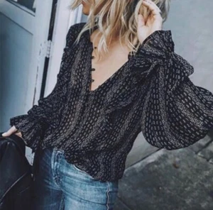 Printed Boho Partial Button-down V-neck Long Sleeve Lightweight Sheer Blouse XL - Picture 1 of 7