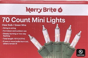 70 Count Mini Lights ‘Merry Brite’ Clear Bulbs Green Wire Christmas 15ft NEW - Picture 1 of 1