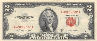 USA  $2  Series of 1953 B  Block  A  Red Seal & Serial #  Circulated Banknote WA - Image 1 of 2