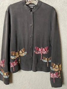 Citron Santa Maria Top Womens M Black Dragon Flies Embroidered Beaded Blouse - Picture 1 of 16
