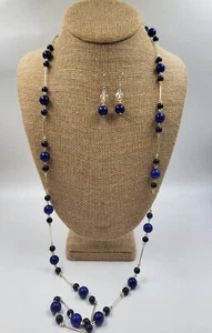 Long  Necklace & Earrings Set, Glass Blue Beads, Silver Tone, Handmade 36" L - Picture 1 of 5