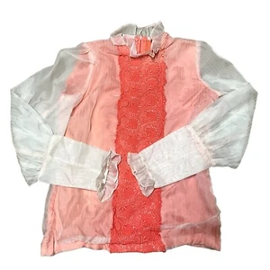CAMICIA CONTADINA VINTAGE COLLO ALTO TAGLIA M ARANCIONE PANNA PIZZO TRASPARENTE MANICA LUNGA DONNA - Foto 1 di 3
