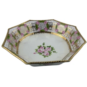 RC Nippon achteckige Gold Moriage Schüssel Schale 10" Vintage handbemalt rosa Blumen Japan - Bild 1 von 11