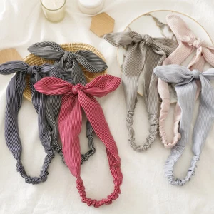 Women Bow Knotted Hair Wrap Stripe Printed Rabbit Ears Headband Elastic Hairband - Picture 1 of 17