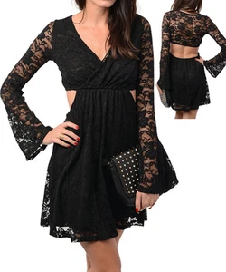 Ladies Open Back Black Lace Long Bell Sleeve party going out Dress 8 S NEW - Bild 1 von 1