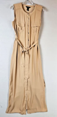 Vestido maxi camisa White House Black Market sem mangas tamanho 6 com cinto botão bege - Imagem 1 de 4