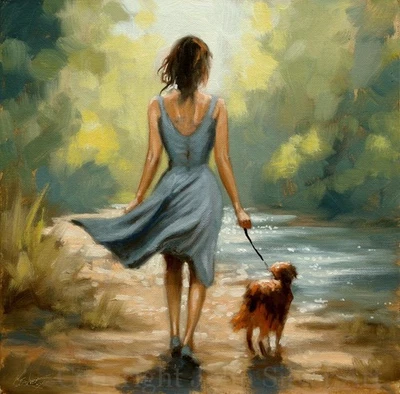 PINTURA AL ÓLEO ORIGINAL MUJER PASEANDO PERRO 30 x 30 cm por el artista británico JOHN SILVER BA Foto 1 de 4
