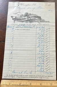 1920 Billhead, AHRENS BROTHERS WHOLESALE DRUGGISTS, Wilmington NC - Picture 1 of 2