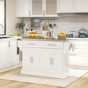 Rolling Kitchen Island with Cabinets and Drawers, Cream White - Picture 1 of 11
