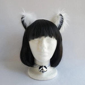 Weiße KATZENOHREN pelziges STIRNBAND + Kätzchenkragen mit GLOCKE Anime Cosplay Kostüm schwarzweiß - Bild 1 von 6