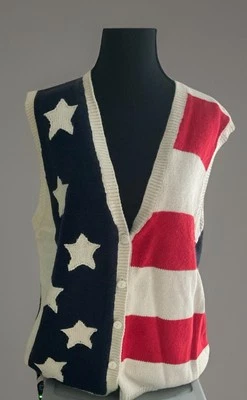 Lauren Hansen L De Colección Suéter Chaleco Patriótico Bandera Americana Estrellas EE. UU. Rayas Nuevo con Etiquetas Foto 1 de 4