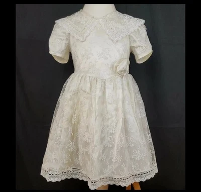 Vtg Jessica McClintock Dress Little Girls 5 Satin Lace Bow Crinoline Puff Sleeve - Image 1 of 4