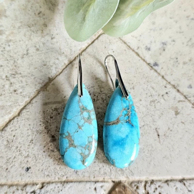 Natural Turquoise Stone Teardrop Dangle Earrings Blue Gemstone Hook Earrings - Image 1 of 4