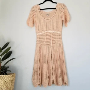 Temperley London Blush Peach Linen Cotton Blend Boho Cottagecore Crochet Dress - Picture 1 of 15