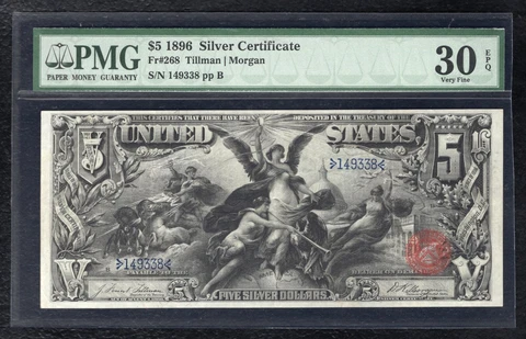 FR.268 1896 $5 FIVE DOLLARS “EDUCATIONAL” SILVER CERTIFICATE PMG VERY FINE-30EPQ Cover