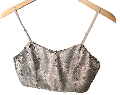 Y2K Late 2000s Sequins Cropped Top S Cami Bralette Neutral Beige Mermaidcore - Image 1 of 4