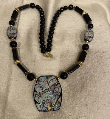 "Collar vintage de cerámica estilo deco 30"" negro, dorado, azul Japón - #NP100" Foto 1 de 4