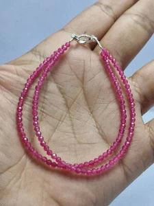 Pink Ruby Gemstone 2 mm Round Beads 925 Silver 8" 2 Layer String Bracelets - Picture 1 of 10
