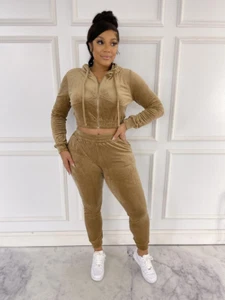 ACCESS LADIES 2PC ACTIVEWEAR VELVET JOGGER OUTFIT SET (BROWN) - Picture 1 of 2