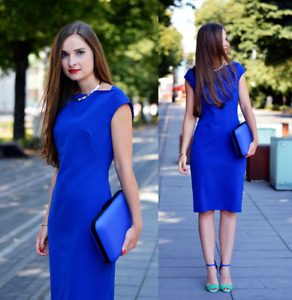 Zara  Woman Cobalt Blue Boat Neck Cap Sleeves Midi Pencil Dress L  UK