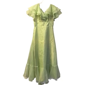 ILGWU Midi A-Line Dress Womens Green Ruffle V-Neck Lace Zip Sleeveless Vintage - Picture 1 of 11
