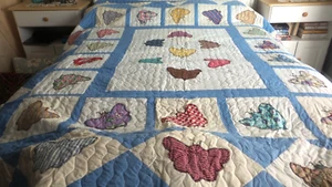 Antique Vintage Appliqued QUILT, BUTTERFLIES Blue Lattice, Multi-Color, 96"x84" - Picture 1 of 13