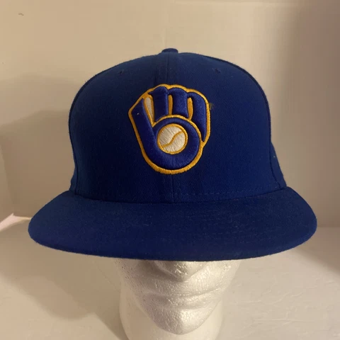 Milwaukee Brewers New Era 59 Fifty Size 7 3/8 Blue Flat Bill Glove & Ball Design Cover