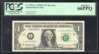 FR. 1925-L* 1999 $1 *STAR* FRN SAN FRANCISCO, CA PCGS GEM UNCIRCULATED-66PPQ - Image 1 of 2