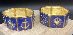 2er Set Gold und Marineblau Emaille Maritim Thema Stretch Armband RE SIZE LESEN - Bild 1 von 11