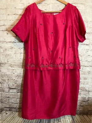 Винтажное женское шелковое платье Megan Lee 18 Вт ярко-розовое с бисером цветочное многослойное многоярусное - Изображение 1 из 4