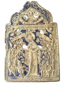 Antike russische orthodoxe Bronze Emaille Ikone Gottesmutter unerwartete Freude 19. Jh. - Bild 1 von 6