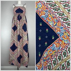 Vintage 1970s Boho Floral Scarf Print Maxi Dress 70s Handmade Sundress Hippie - Picture 1 of 5