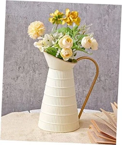 Elegant Cream/White Metal Pitcher Vase, Farmhouse Galvanized Flower Vase, - Picture 1 of 8