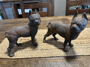Pair Lg 8lb Antique Cast Iron Boston Terrier French Bulldog Doorstops Hubley - Picture 1 of 24