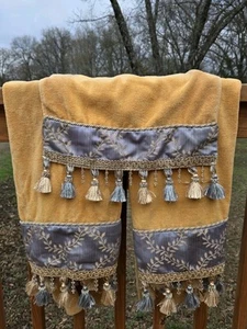 CROSCILL Mustard & Slate Blue Brocade Beaded Tassels Bath & Hand Towel Set VTG - Picture 1 of 17