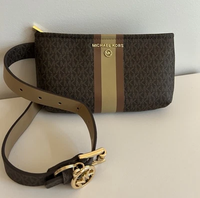 Michael Kors Women's Brown Belt Bag Brown Tan Striped MK Jet Logo - Image 1 of 4