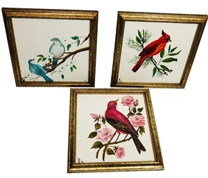 Set of 3 Vintage 1974 Signed Framed Hand Painted Birds on Tile 6 7/8" Square - Picture 1 of 11