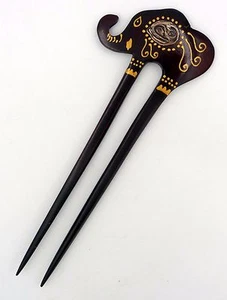 Handmade ELEPHANT wooden HAIR JEWELRY PIN FORK hand painted Sono wood elegant - Picture 1 of 2