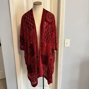 FREE PEOPLE kimono rosso burnout velluto semi trasparente festa festa festival - Foto 1 di 7