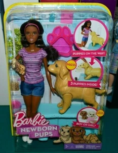 NIB 2016 NEWBORN PUPS AFRICAN BARBIE DOLL WITH GOLDEN RETRIEVER & PUPPIES + MORE - Picture 1 of 8