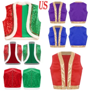 Kids Xmas Santa Elf Vest Open Front Waistcoat Costume Dance Christmas Party - Picture 1 of 69