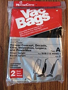 2 Pack Home Care Vacuum Bags Type A for Hoover Singer Bissell No. 17 New in Bag - Picture 1 of 2
