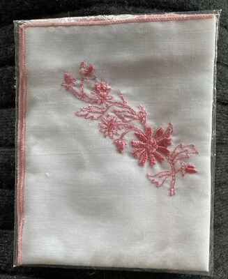  Vtg Ladies Avon Pink and White Floral Embroidered Appliqued Handkerchief NIP - Image 1 of 4
