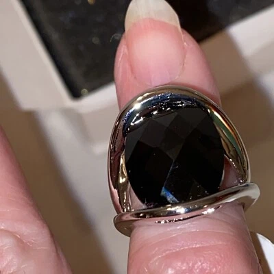 Lia Sophia Incognito Black CZ 19.0ct Oval Center Stone Silver Tone Ring Sz 5 - Image 1 of 4