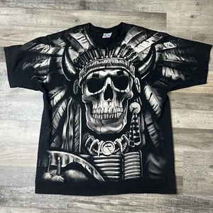 Vintage Liquid Blue AOP Native American Indian Skull Headdress T Shirt Size XL - Picture 1 of 8