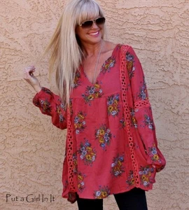 New VELZERA PLUS SIZE Womens RUST FLORAL BOHO GYPSY LACE BABYDOLL SHIRT TUNIC 2X - Picture 1 of 3