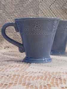 Vtg RARE Stoneware COFFEE Tea Mug PARFAIT Eyelet Lace SKY BLUE Home SABATIER EUC - Picture 1 of 6