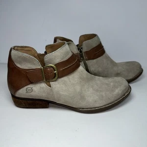BORN Boots Womens 10M Beige Suede Leather Heeled Ankle Moto Booties Casual Shoe - Picture 1 of 9