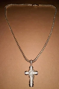 Men's Solid 925 Silver Gold 6.5mm 28in CZ Franco Chain And 3in CZ Cross Pendant - Picture 1 of 24