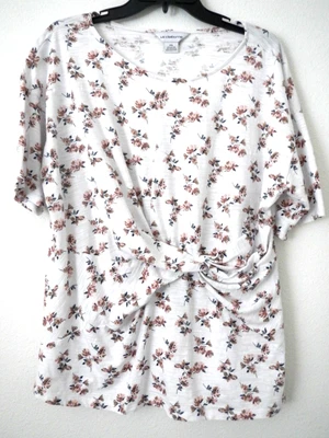 LIZ CLAIBORNE XXL White Pink Floral Print Short Sleeve Twist Front Knit Top - Image 1 of 4